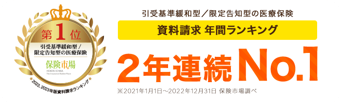 引受基準緩和型／限定告知型の医療保険 資料請求年間ランキング2年連続No.1 ※2021年1月1日～2022年12月31日 保険市場調べ
