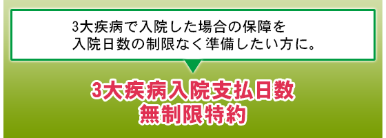 3大疾病で入院した場合の保障を入院日数の制限なく準備したい方に。3大疾病入院支払日数無制限特約