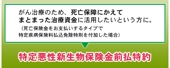 がん治療のため、死亡保障にかえてまとまった治療資金に活用したいという方に（死亡保険金をお支払いするタイプで特定疾病保険料払込免除特則を付加した場合）。特定悪性新生物保険金前払特約