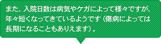 また、入院日数は病気やケガによって様々ですが、年々短くなってきているようです（傷病によっては長期になることもありえます。）