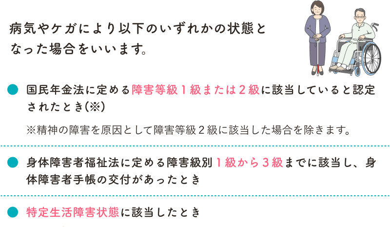 病気やケガにより以下のいずれかの状態となった場合をいいます。 国民年金法に定める障害等級１級または２級に該当していると認定されたとき(※)※精神の障害を原因として障害等級２級に該当した場合を除きます。 身体障害者福祉法に定める障害級別１級から３級までに該当し、身体障害者手帳の交付があったとき 特定生活障害状態に該当したとき