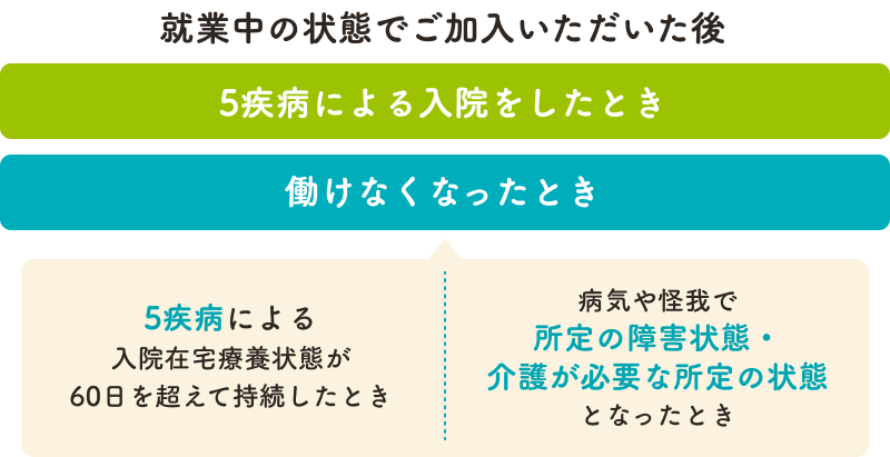 就業中の状態でご加入いただいた後 5疾病による入院をしたとき 働けなくなったとき 5疾病による入院在宅療養状態が 60日を超えて持続したとき 病気や怪我で 所定の障害状態・介護が必要な所定の状態 となったとき