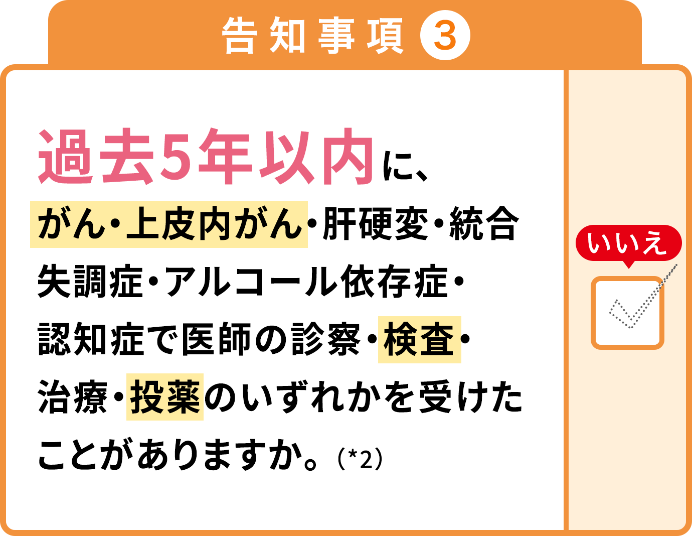 告知事項3 過去5年以内に、がん・上皮内がん・肝硬変・統合失調症・アルコール依存症・認知症で医師の診察・検査・治療・投薬のいずれかを受けたことがありますか。（*2）