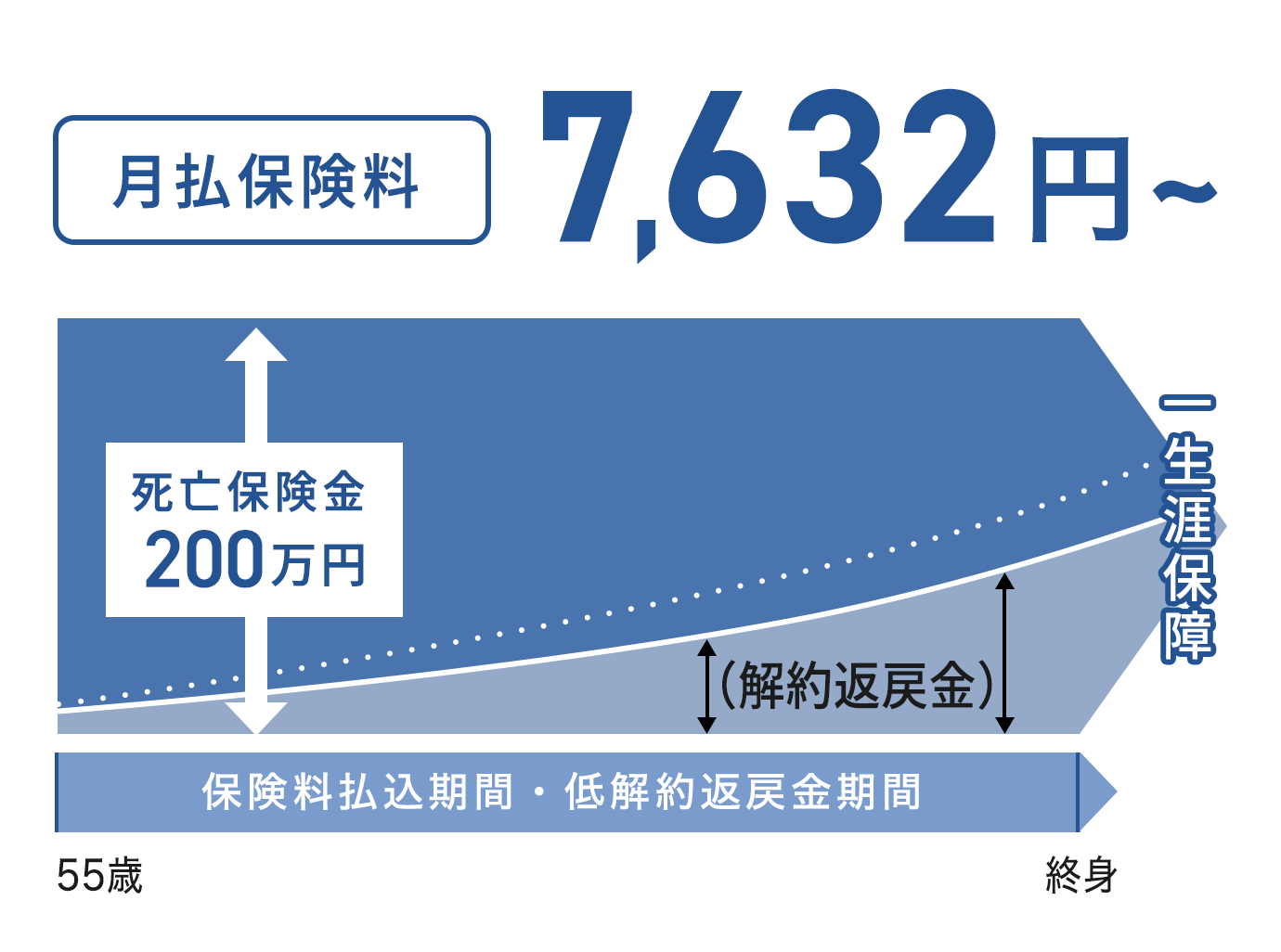 月払保険料 7,632円- 死亡保険金200万円 保険料払込期間・低解約返戻金期間