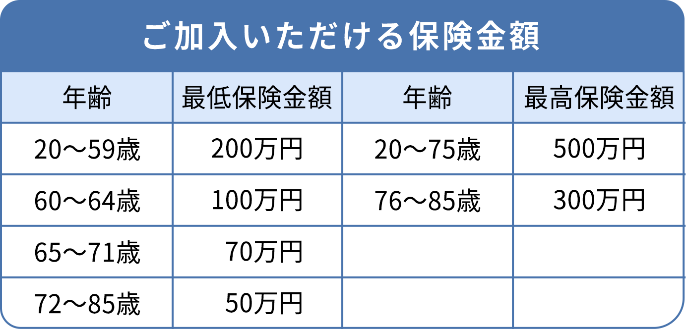 ご加入いただける保険金額 年齢 最低金額 年齢 最高保険金額