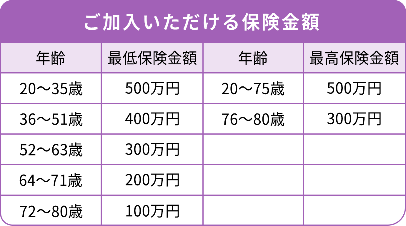 ご加入いただける保険金額 年齢 最低保険金額 年齢 最高保険金額